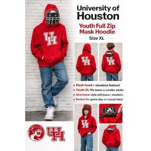 University Of Houston Cougars Red Youth Full Zip Mask Hoodie Sz XL Streetwear E